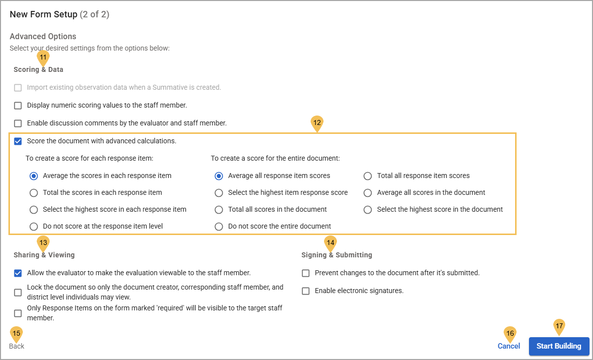Options for scoring documents with advanced calculations in a form setup interface.